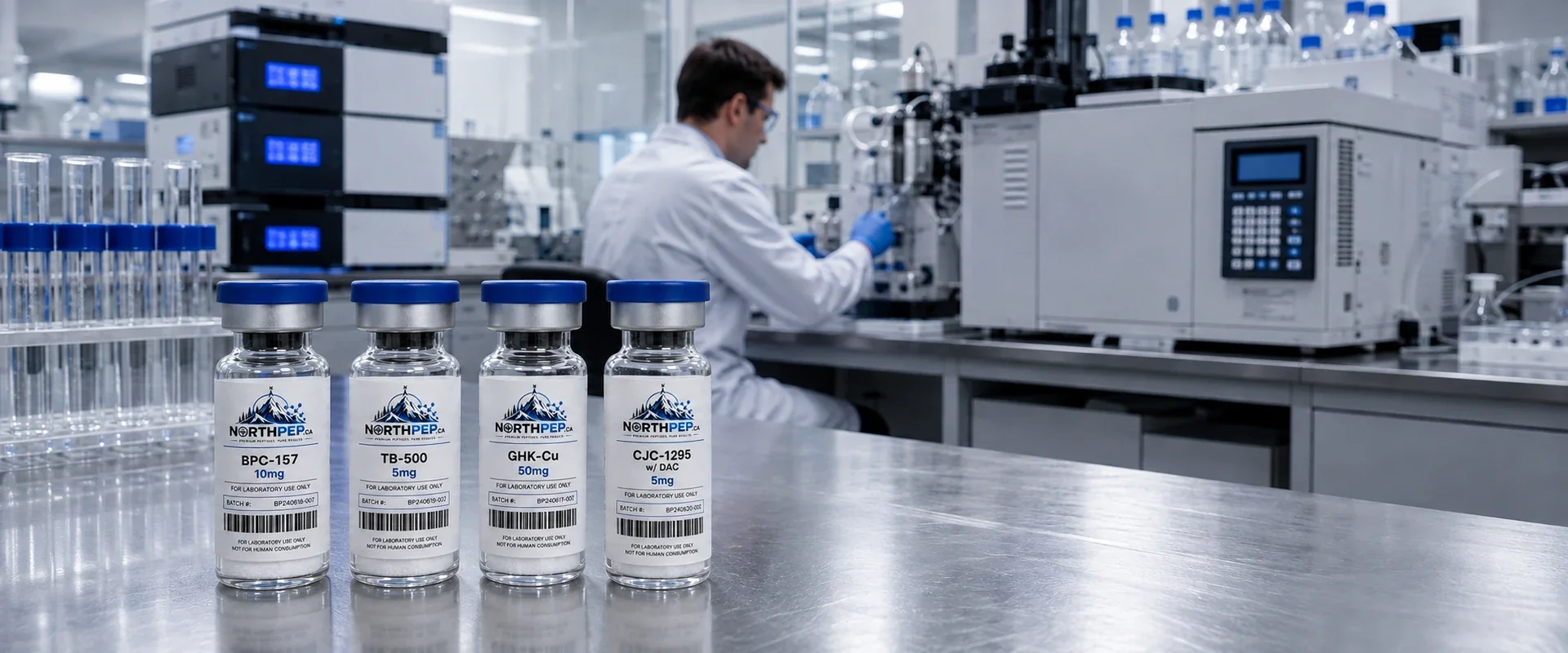 NorthPep research peptides — BPC-157, TB-500, GHK-Cu, CJC-1295 on a lab bench